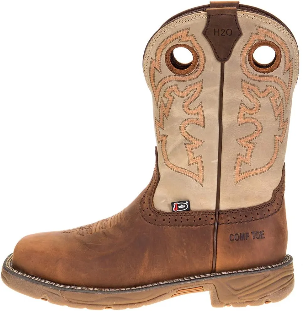 Justin Boot Company Men's Stampede Rush Tan 11" Black Maldova H2O Comp Toe Work Boot Black/Brown 5
