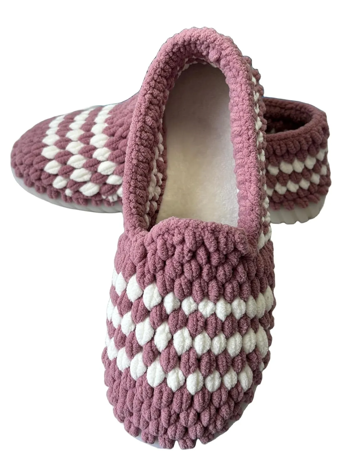 Knitted Slippers for Home, Hand-Crafted with Ice Yarn, Waterproof Sole, Pink
