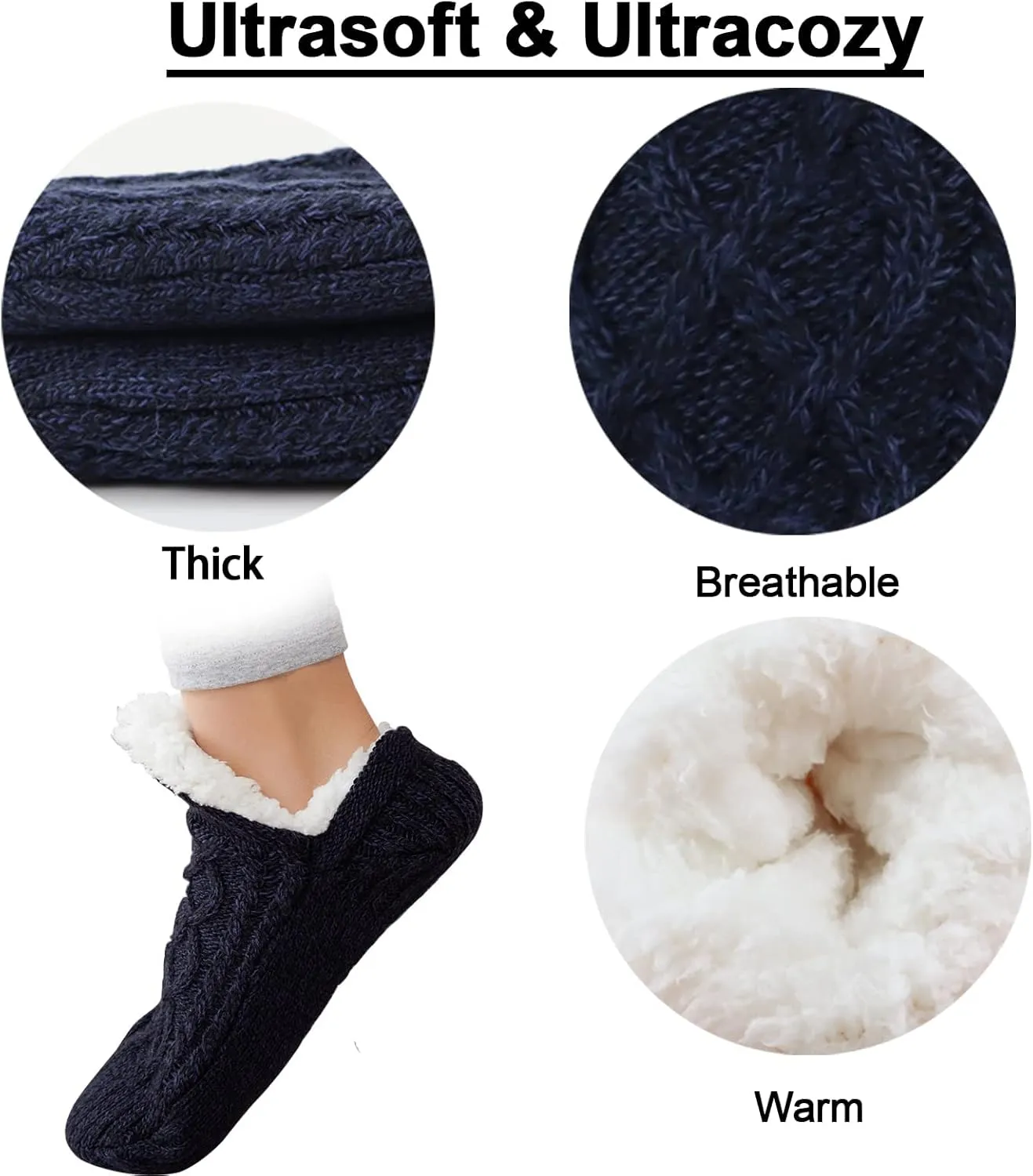 Koreshion Women Knitted Slipper Socks Cozy Sherpa Fuzzy Socks Non Slip Socks Winter Indoor Double Layer Bedroom Slipper Socks