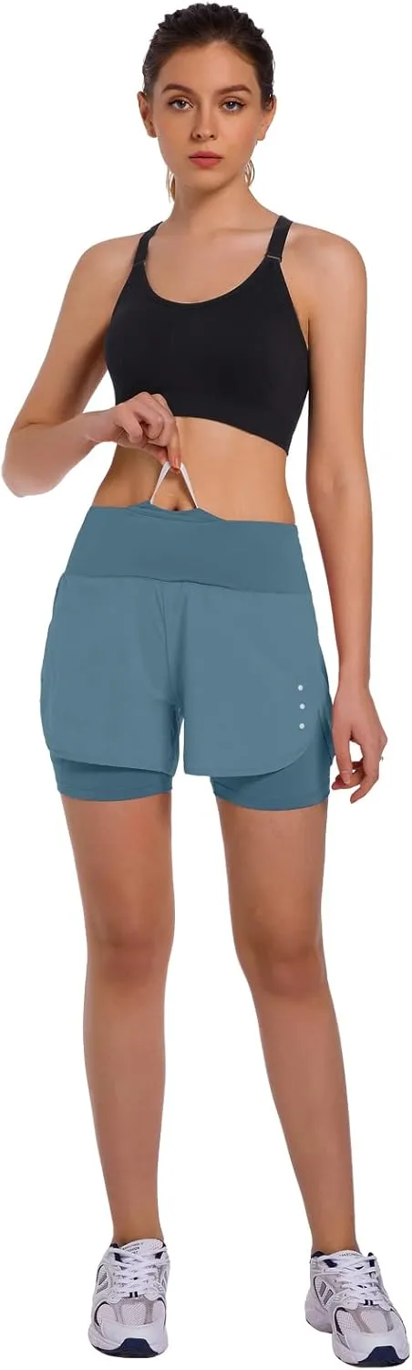 Ksmien Women's 2 in 1 Running Shorts - Lightweight Athletic Workout Gym Yoga Shorts Liner with Phone Pockets