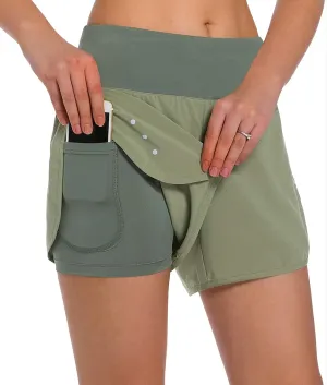 Ksmien Women's 2 in 1 Running Shorts - Lightweight Athletic Workout Gym Yoga Shorts Liner with Phone Pockets
