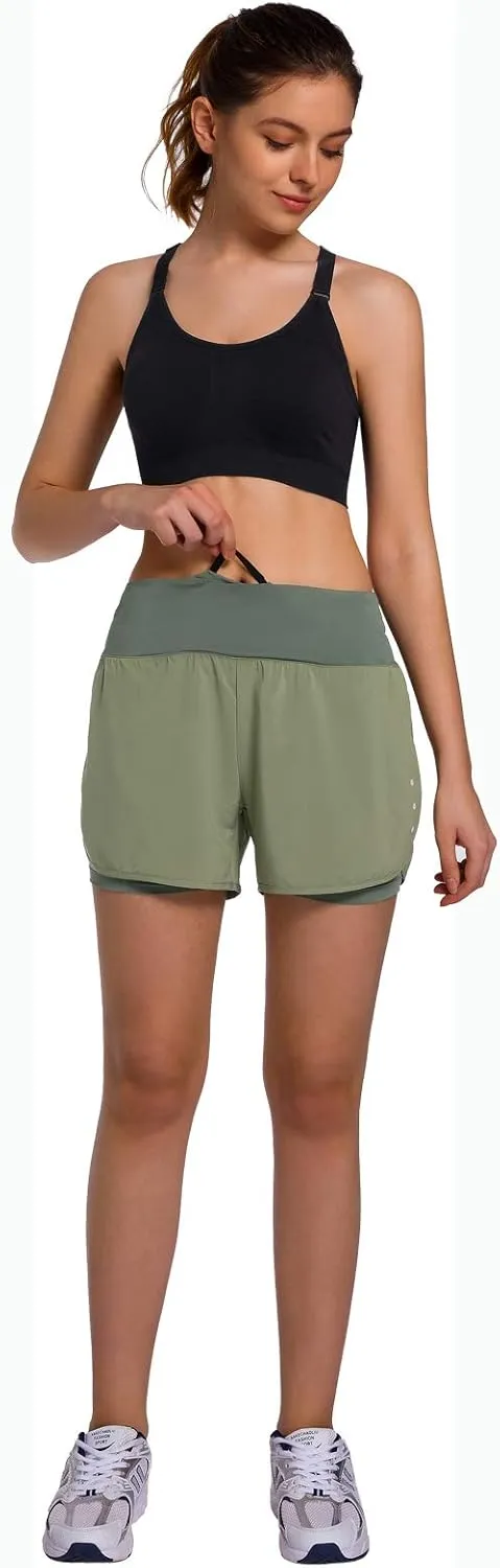 Ksmien Women's 2 in 1 Running Shorts - Lightweight Athletic Workout Gym Yoga Shorts Liner with Phone Pockets