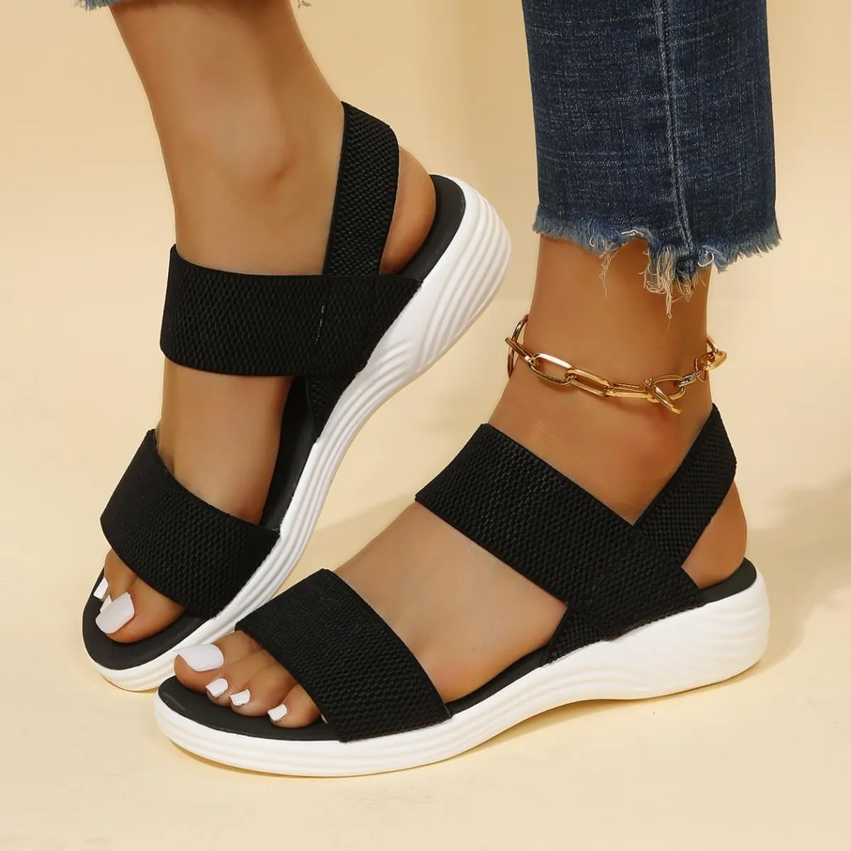 L LOUBIT Women's Sandals Elastic Strap Summer Comfort Open Toe Slides Anti-Slip Lightweight Flat Sandals