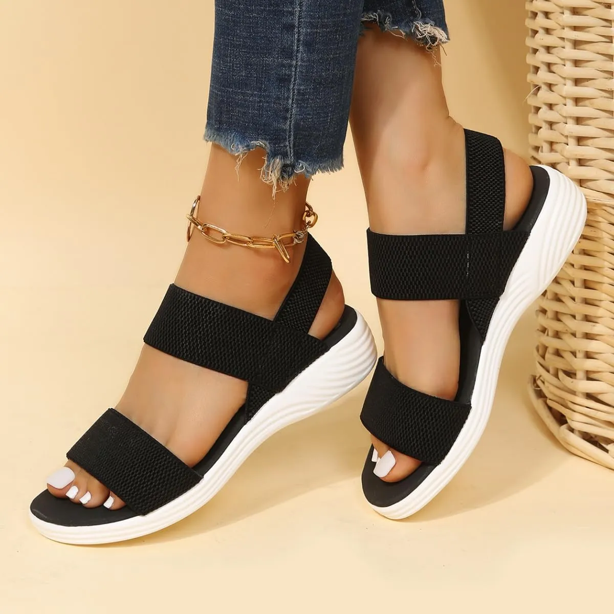 L LOUBIT Women's Sandals Elastic Strap Summer Comfort Open Toe Slides Anti-Slip Lightweight Flat Sandals