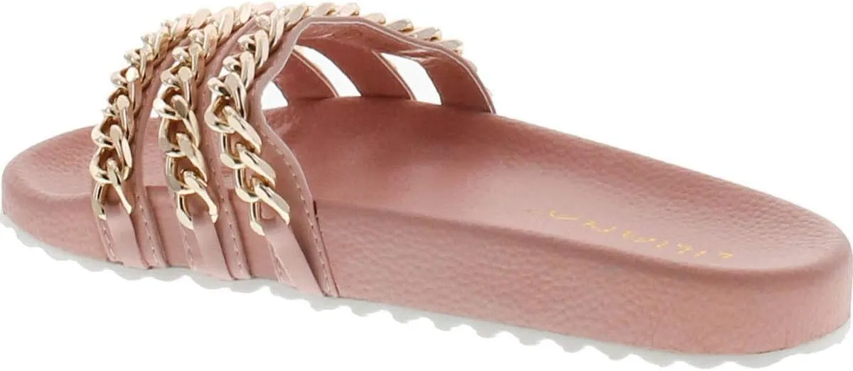 Liliana Nomi-2 Women Flip Flop Gold Chain Link Slide Slip On Flat Sandal Shoe Slipper Pink
