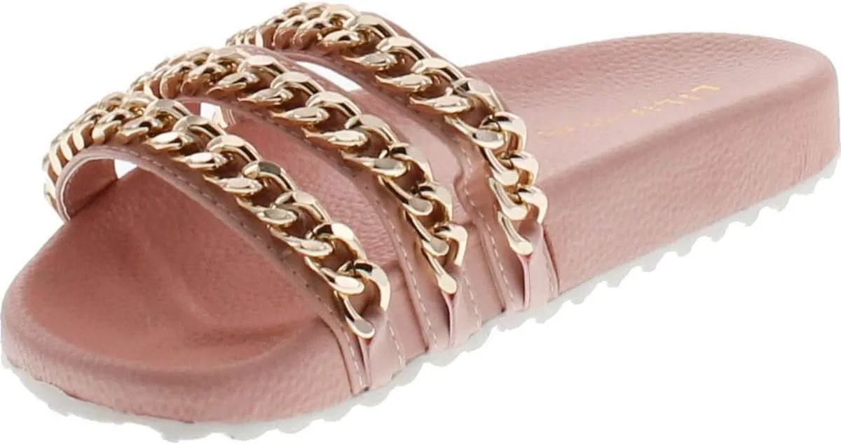 Liliana Nomi-2 Women Flip Flop Gold Chain Link Slide Slip On Flat Sandal Shoe Slipper Pink