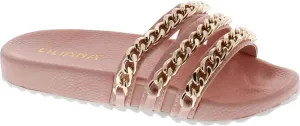 Liliana Nomi-2 Women Flip Flop Gold Chain Link Slide Slip On Flat Sandal Shoe Slipper Pink