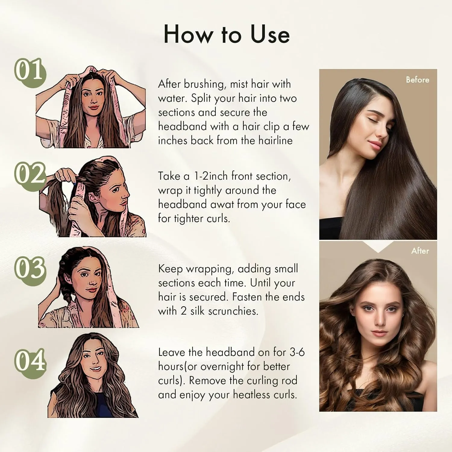 LILYSILK Women 100% Silk Heatless Hair Curler 3pc Set Silk Filled Hair Roller Rods Headband Ribbon Frizz-free Overnight Coffee