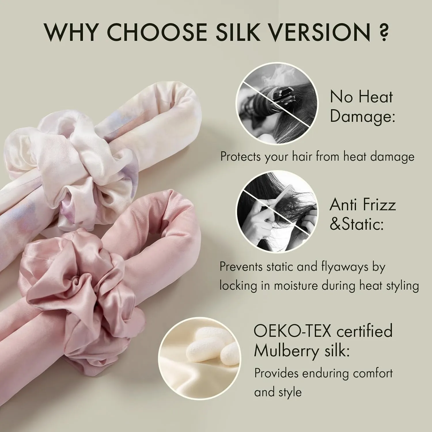 LILYSILK Women 100% Silk Heatless Hair Curler 3pc Set Silk Filled Hair Roller Rods Headband Ribbon Frizz-free Overnight Coffee