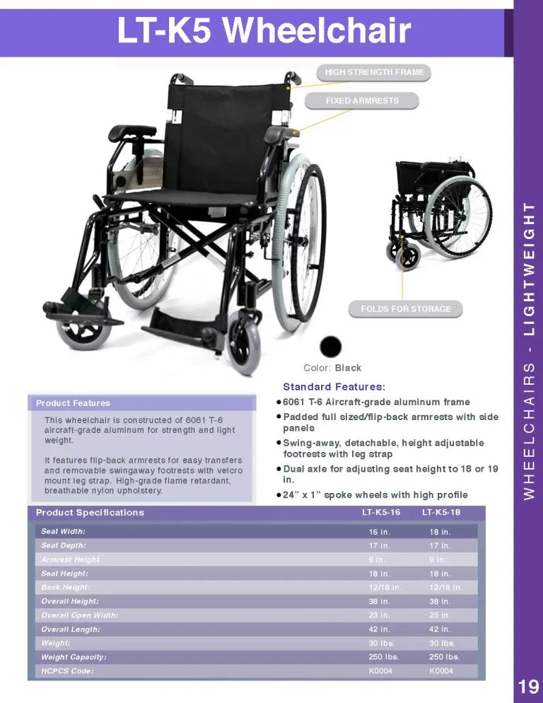LT-K5 18" seat 28 lbs Adjustable Ultra Lightweight Wheelchair
