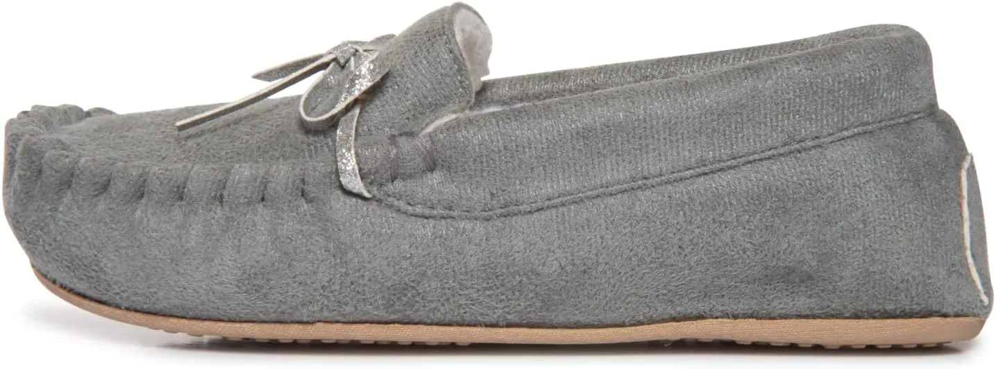 Lucky Brand Girls Plush Glitter Bow Moccasin Slippers, Rubber Sole Indoor Outdoor House Shoes, Kids Bedroom Slipper Moccasins