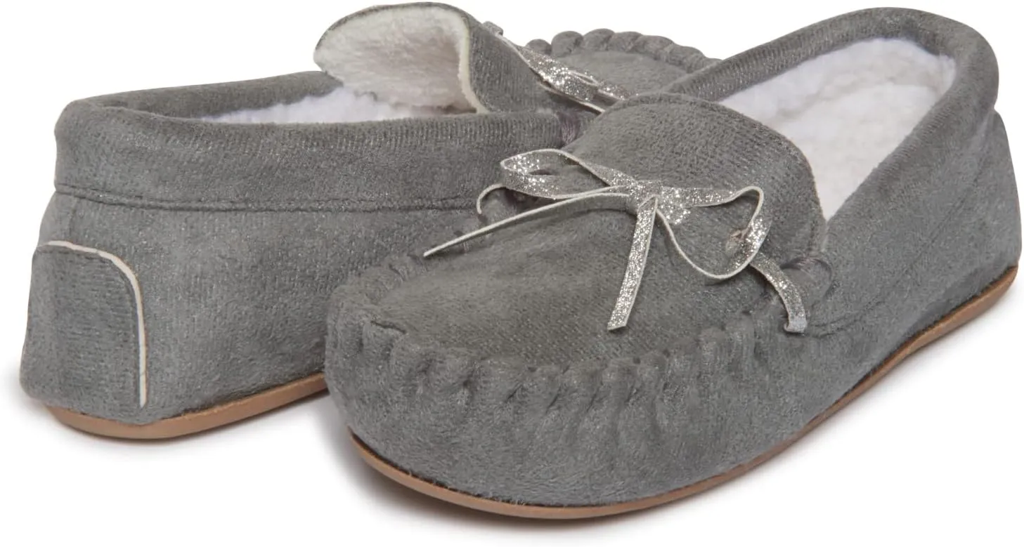 Lucky Brand Girls Plush Glitter Bow Moccasin Slippers, Rubber Sole Indoor Outdoor House Shoes, Kids Bedroom Slipper Moccasins