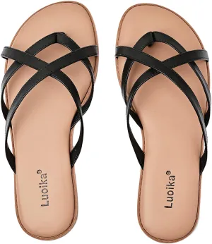 Luoika Women's Wide Width Flat Sandals, Flip Flop Slides Sandal Casual Strapy Sandal Slip on Summer Beach Shoes for Women.
