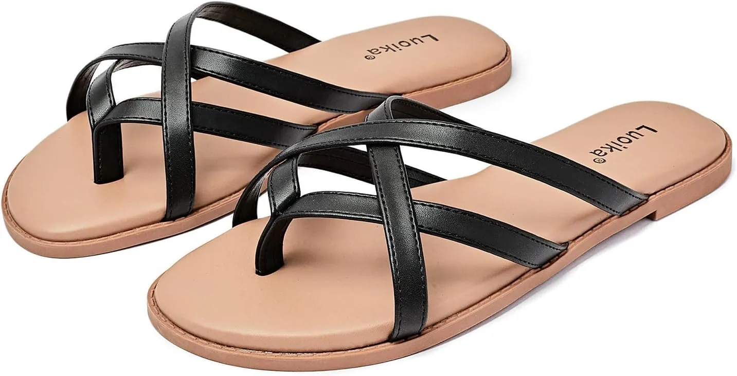 Luoika Women's Wide Width Flat Sandals, Flip Flop Slides Sandal Casual Strapy Sandal Slip on Summer Beach Shoes for Women.