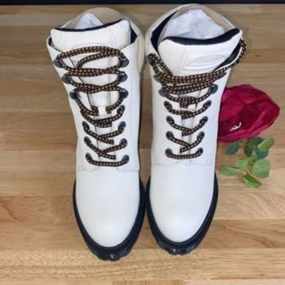 Marc Jacobs White Leather Crosby Leather Block Heel Hiking Boots 5