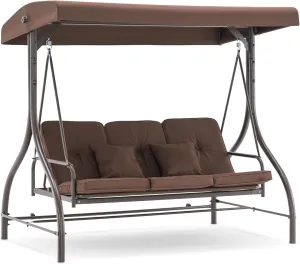 MCombo 3-Seat Outdoor Patio Swing Chair, 2-in-1 Convertible Porch Swing Glider Chair with Removable Cushions, Adjustable Canopy & Pillows for Backyard, Deck, Garden, 4068 (Brown)