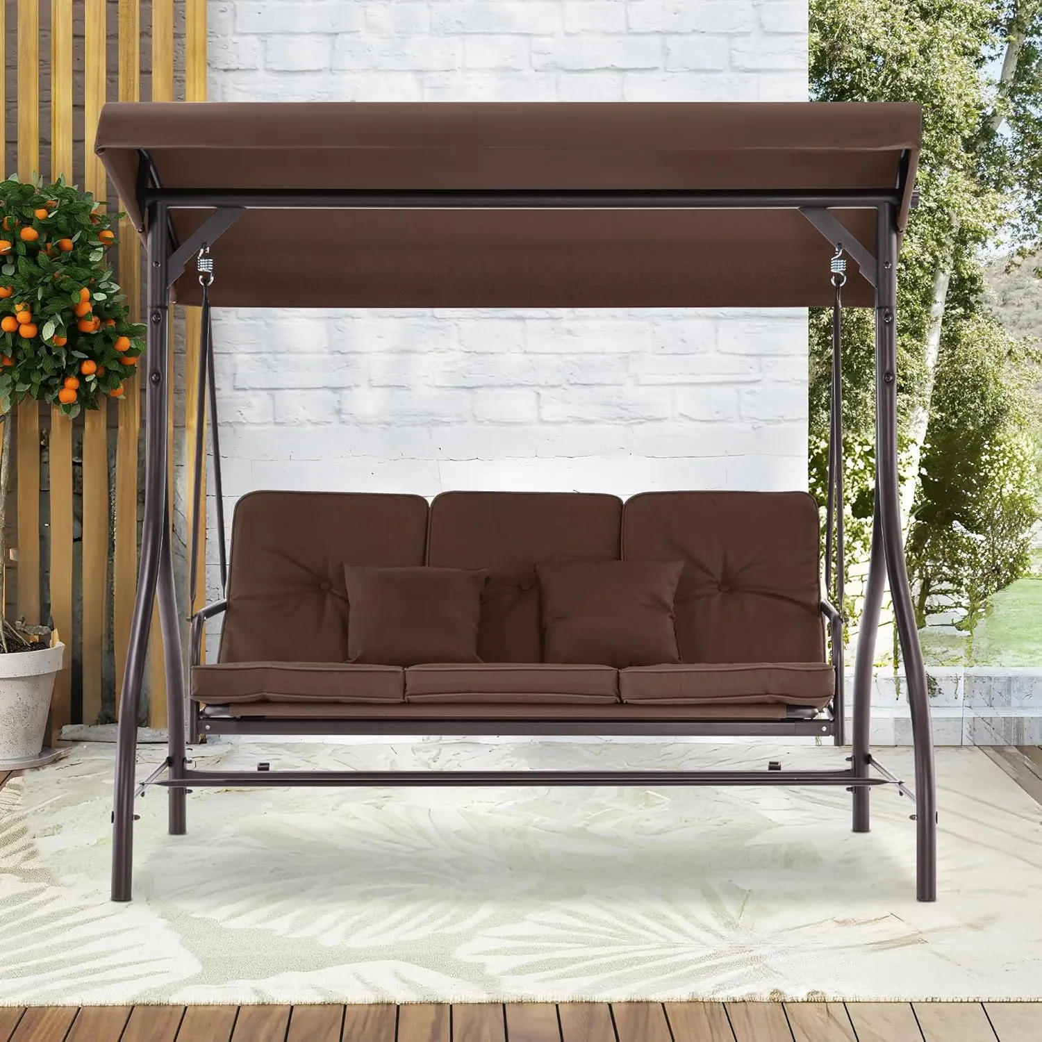 MCombo 3-Seat Outdoor Patio Swing Chair, 2-in-1 Convertible Porch Swing Glider Chair with Removable Cushions, Adjustable Canopy & Pillows for Backyard, Deck, Garden, 4068 (Brown)