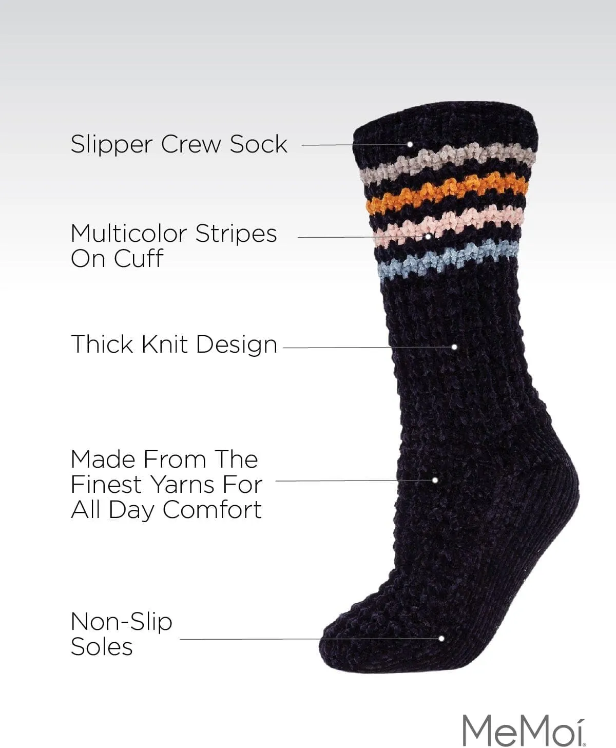 MeMoi Chunky Stripes Slipper Non-Skid Crew Socks