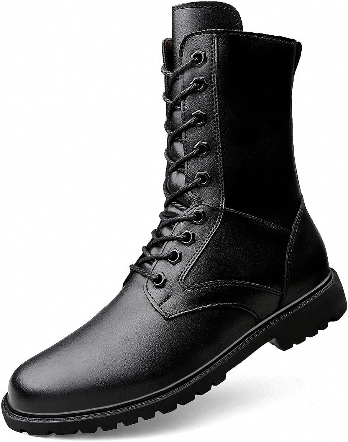 Mens Black High-Top Cowhide Motorcycle Army Military Tactical Combat Boots Flat-Soled Round-Toe Leather Outdoor Hunting Warm Non-Slip Hiking Mid-Calf Shoes Lace-Up Zipper Waterproof Puncture-Resistant