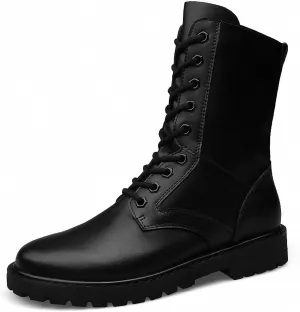Mens Black High-Top Cowhide Motorcycle Army Military Tactical Combat Boots Flat-Soled Round-Toe Leather Outdoor Hunting Warm Non-Slip Hiking Mid-Calf Shoes Lace-Up Zipper Waterproof Puncture-Resistant