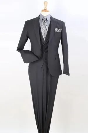 Mens Charcoal Grey Modern Fit 1-Btn Peak Lapel Vested Suit - Apollo King