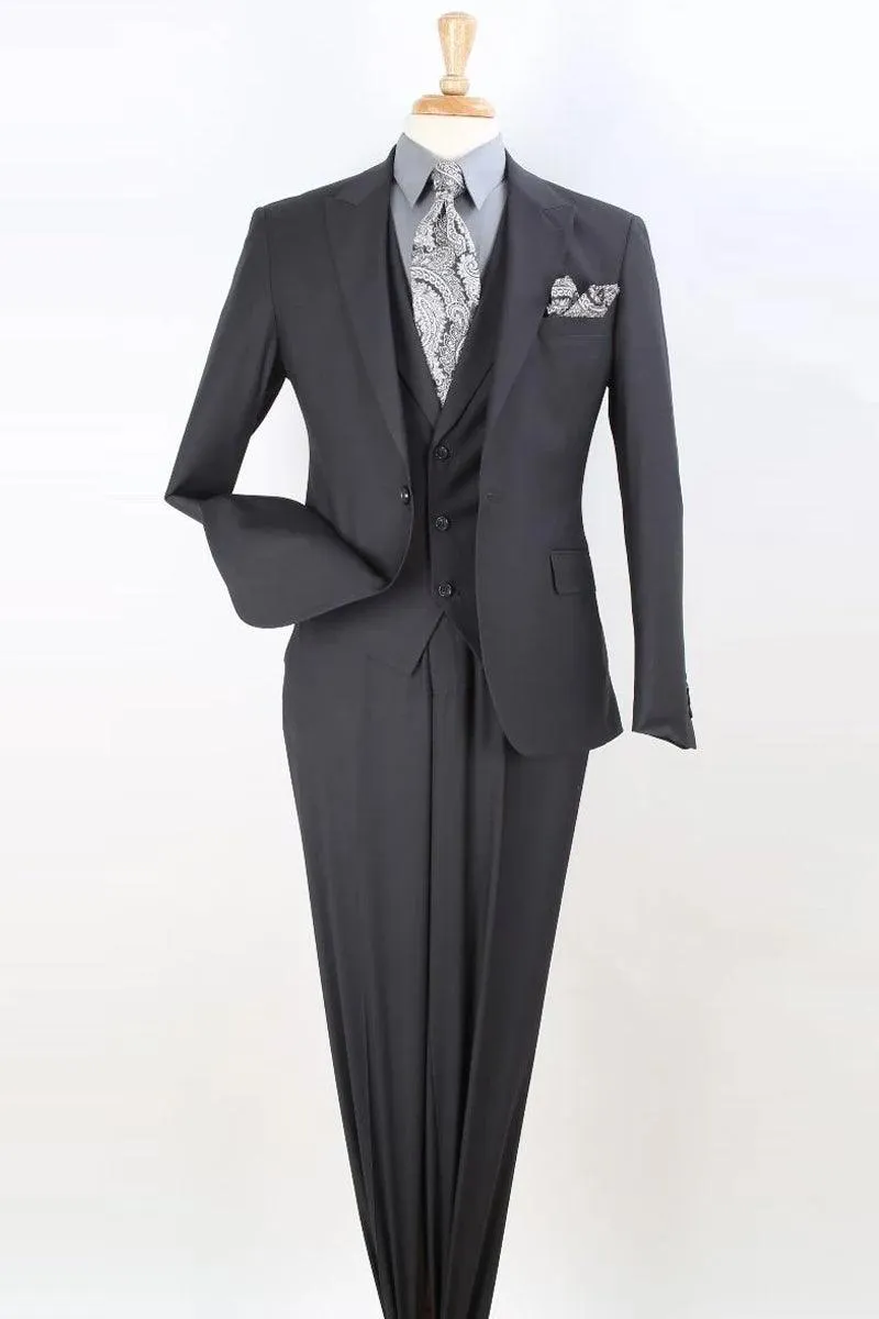 Mens Charcoal Grey Modern Fit 1-Btn Peak Lapel Vested Suit - Apollo King