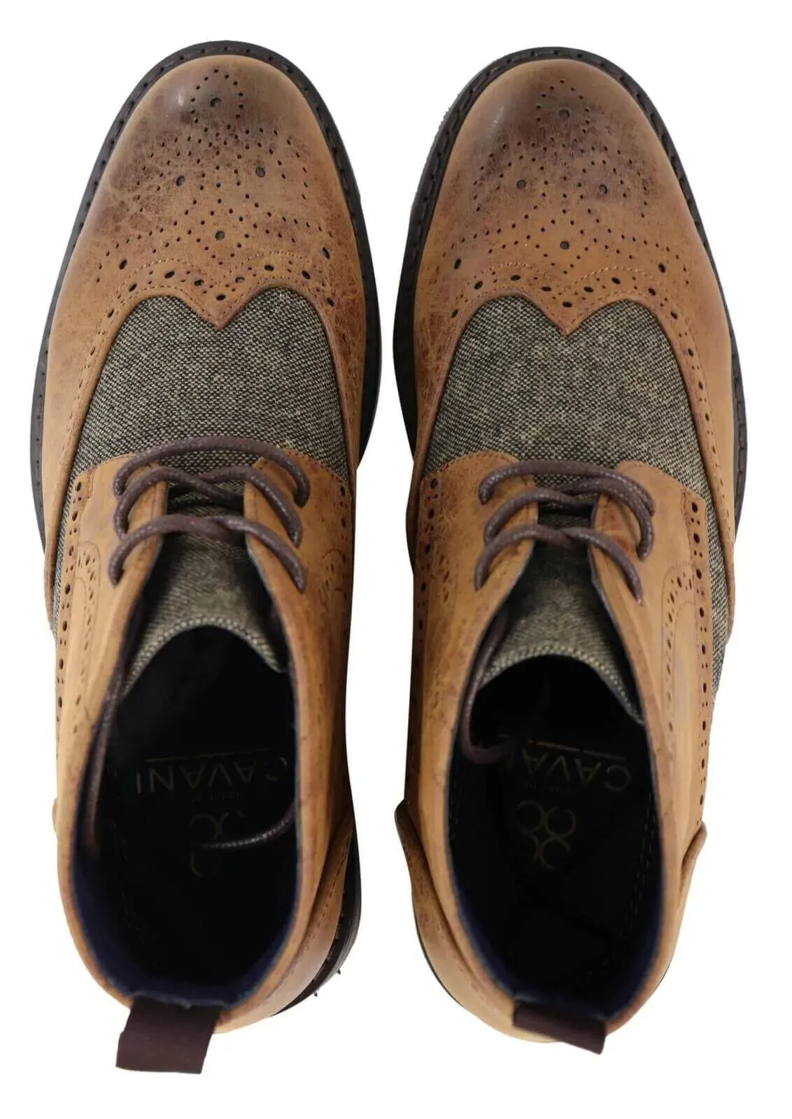 Mens Classic Tweed Oxford Brogue Ankle Boots in Tan Leather