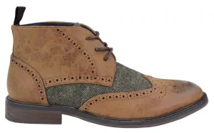 Mens Classic Tweed Oxford Brogue Ankle Boots in Tan Leather