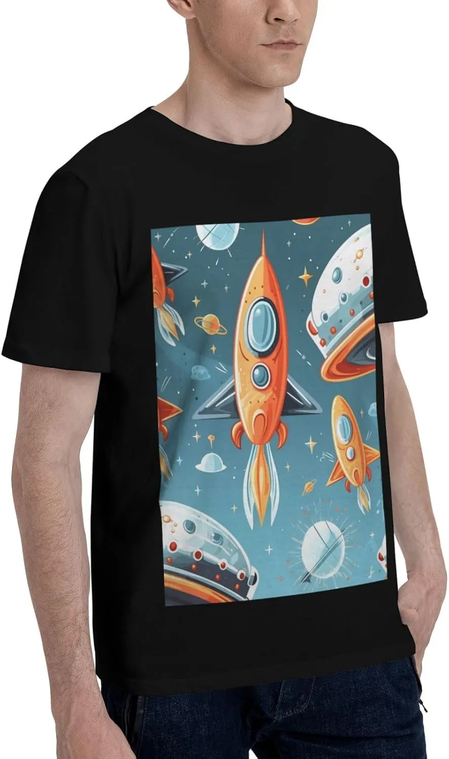 Men's Cotton Crew Neck T-Shirt for Daily Wear, Cartoon Rockets Short Sleeved Anti-Shrink Breathable Tee, Black, S-XL