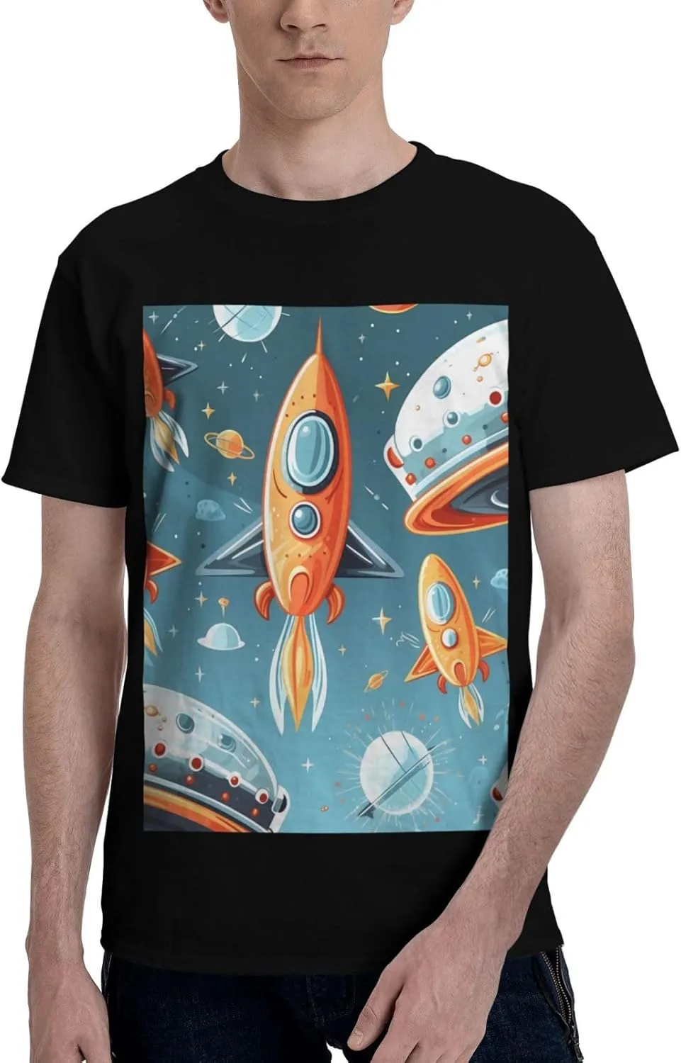Men's Cotton Crew Neck T-Shirt for Daily Wear, Cartoon Rockets Short Sleeved Anti-Shrink Breathable Tee, Black, S-XL