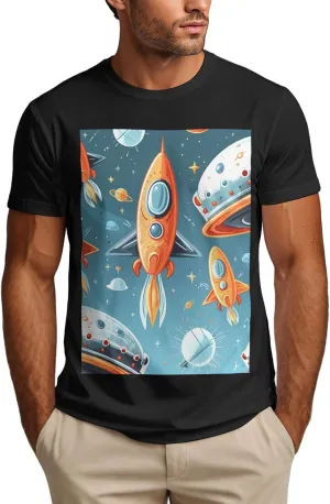 Men's Cotton Crew Neck T-Shirt for Daily Wear, Cartoon Rockets Short Sleeved Anti-Shrink Breathable Tee, Black, S-XL