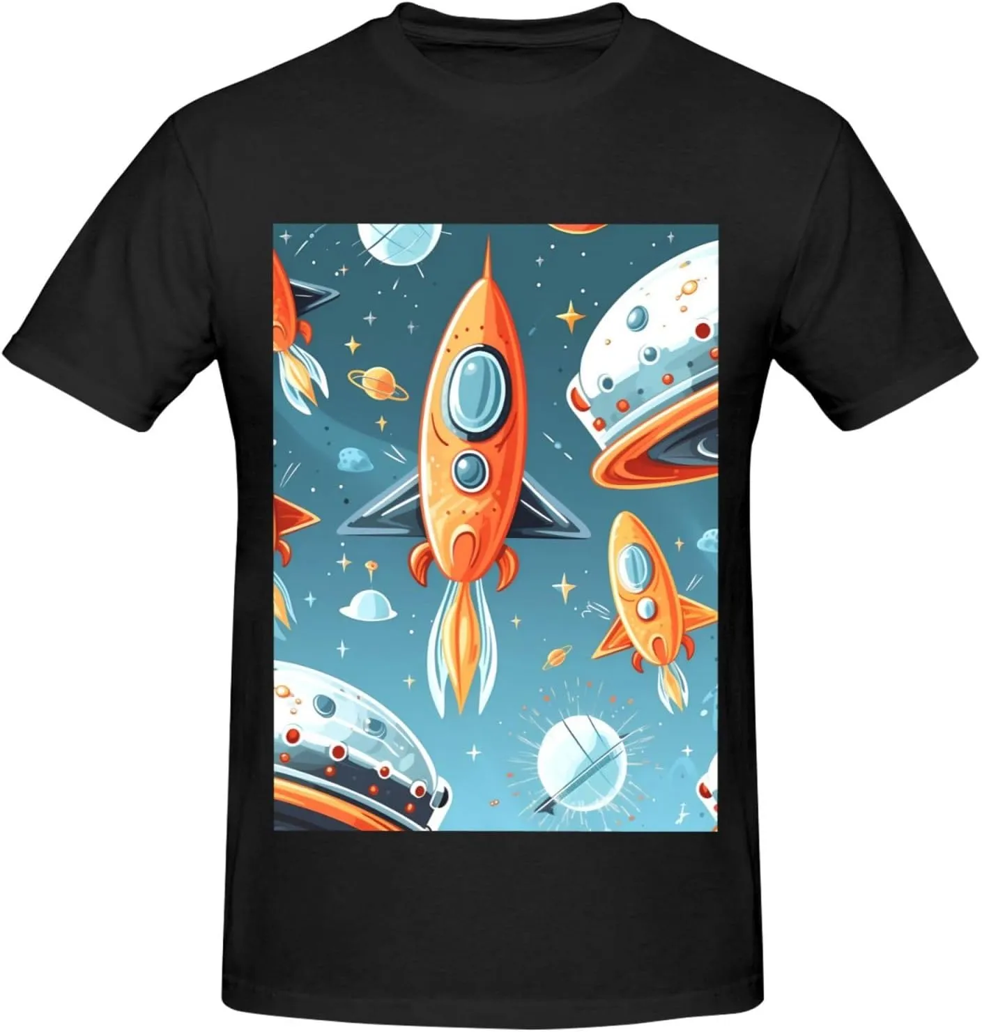 Men's Cotton Crew Neck T-Shirt for Daily Wear, Cartoon Rockets Short Sleeved Anti-Shrink Breathable Tee, Black, S-XL