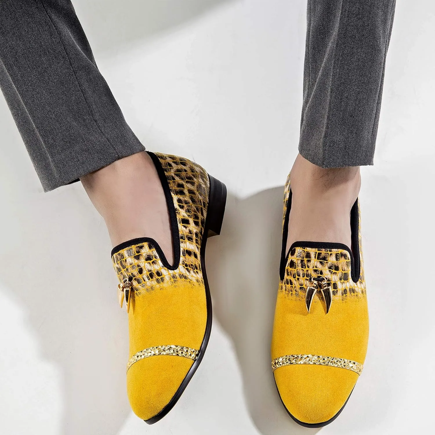 Mens Leopard Loafers Leather Embroidery Spiked Slip on Dress Shoes Slipper Luxury Fashion Penny Prom