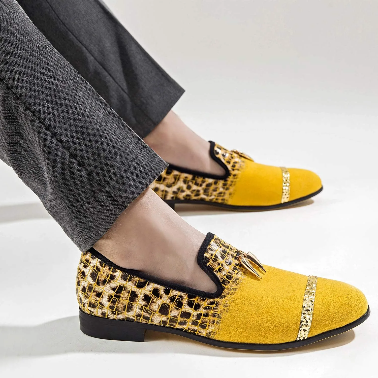 Mens Leopard Loafers Leather Embroidery Spiked Slip on Dress Shoes Slipper Luxury Fashion Penny Prom