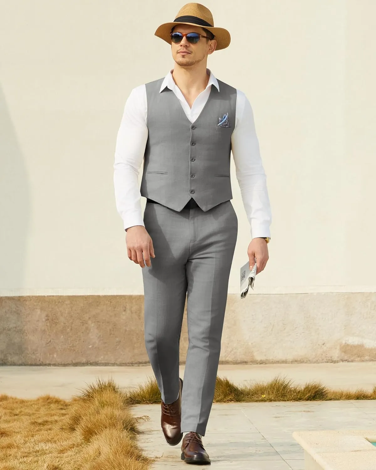Men’s Linen Suit Slim Fit 2 Piece Lightweight Summer Suits Wedding Vest Pants Set with Pocket Square
