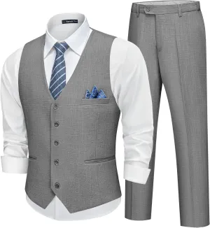 Men’s Linen Suit Slim Fit 2 Piece Lightweight Summer Suits Wedding Vest Pants Set with Pocket Square