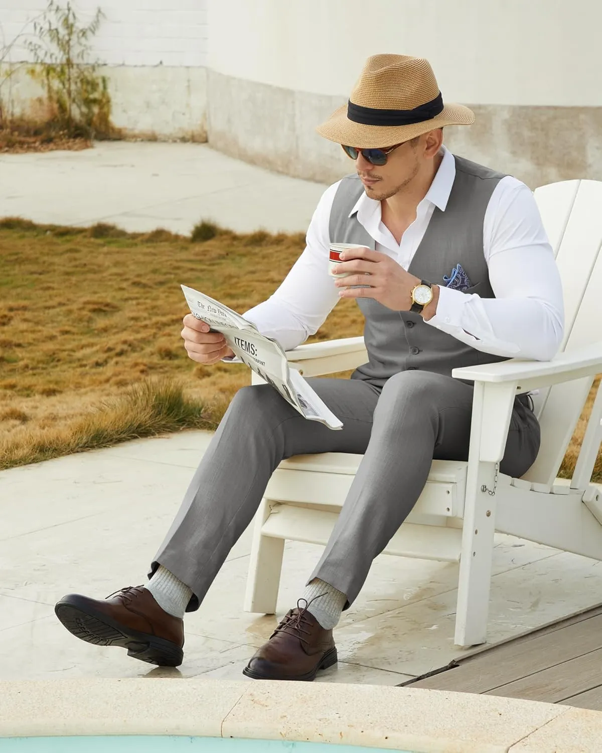 Men’s Linen Suit Slim Fit 2 Piece Lightweight Summer Suits Wedding Vest Pants Set with Pocket Square