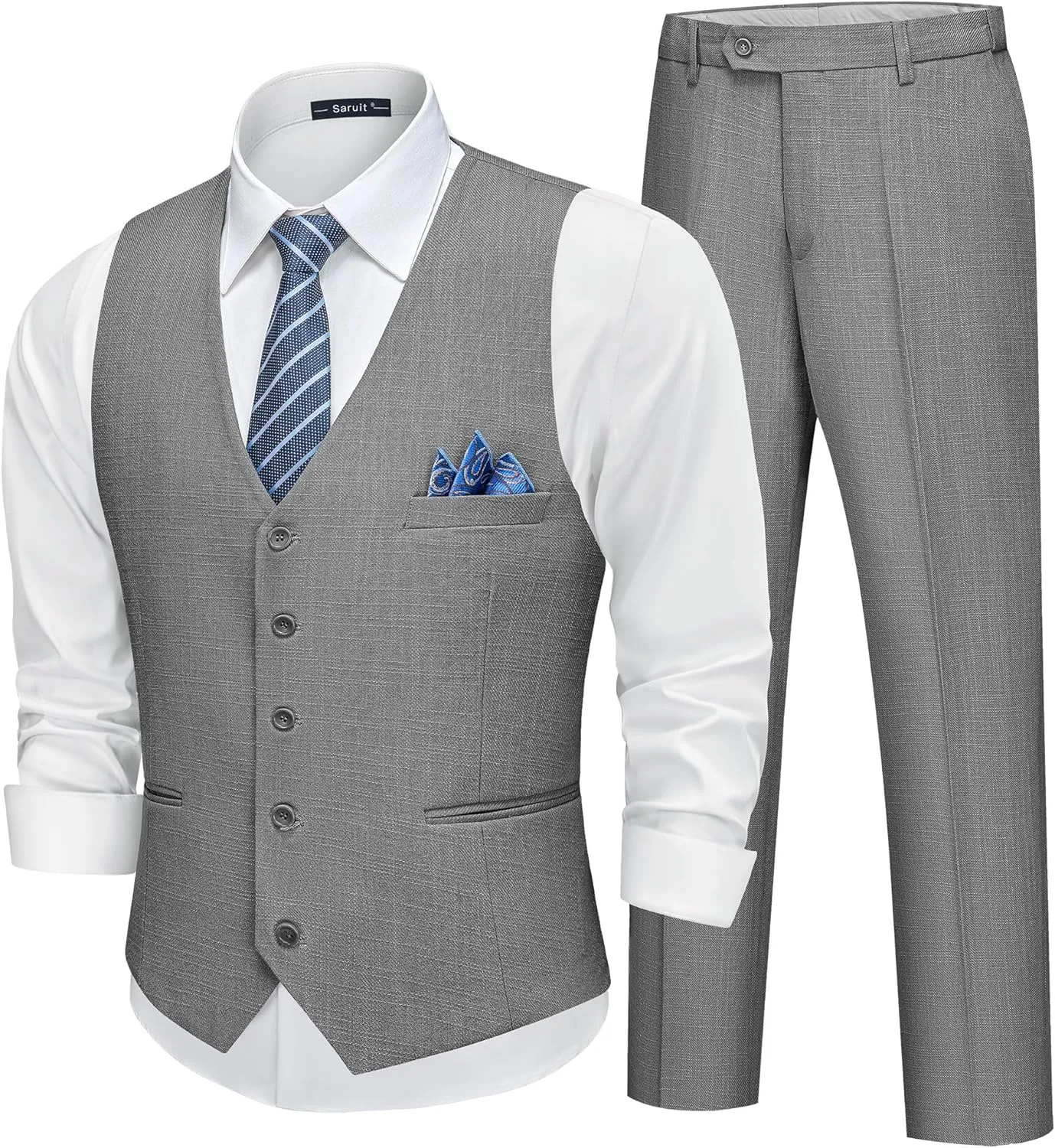 Men’s Linen Suit Slim Fit 2 Piece Lightweight Summer Suits Wedding Vest Pants Set with Pocket Square