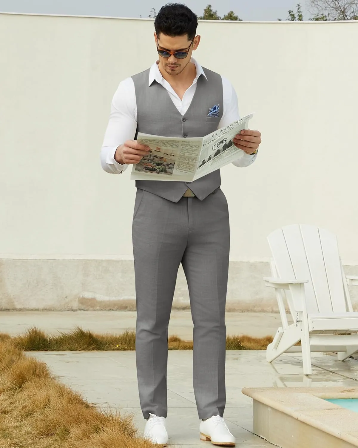 Men’s Linen Suit Slim Fit 2 Piece Lightweight Summer Suits Wedding Vest Pants Set with Pocket Square