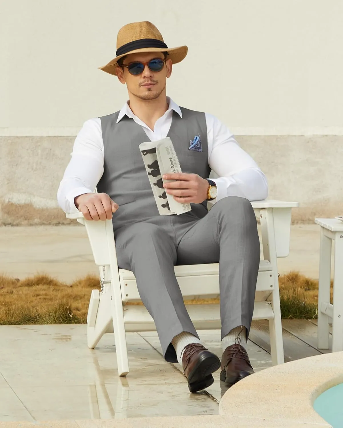 Men’s Linen Suit Slim Fit 2 Piece Lightweight Summer Suits Wedding Vest Pants Set with Pocket Square