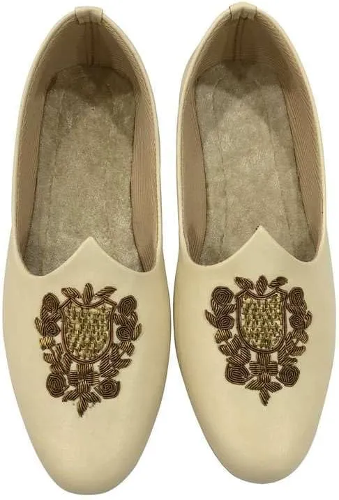 Men's Punjabi Jutti Cream Loafers Slip On Flats Shoes Ethnic Handmade Sherwani Mojari Indian Juti