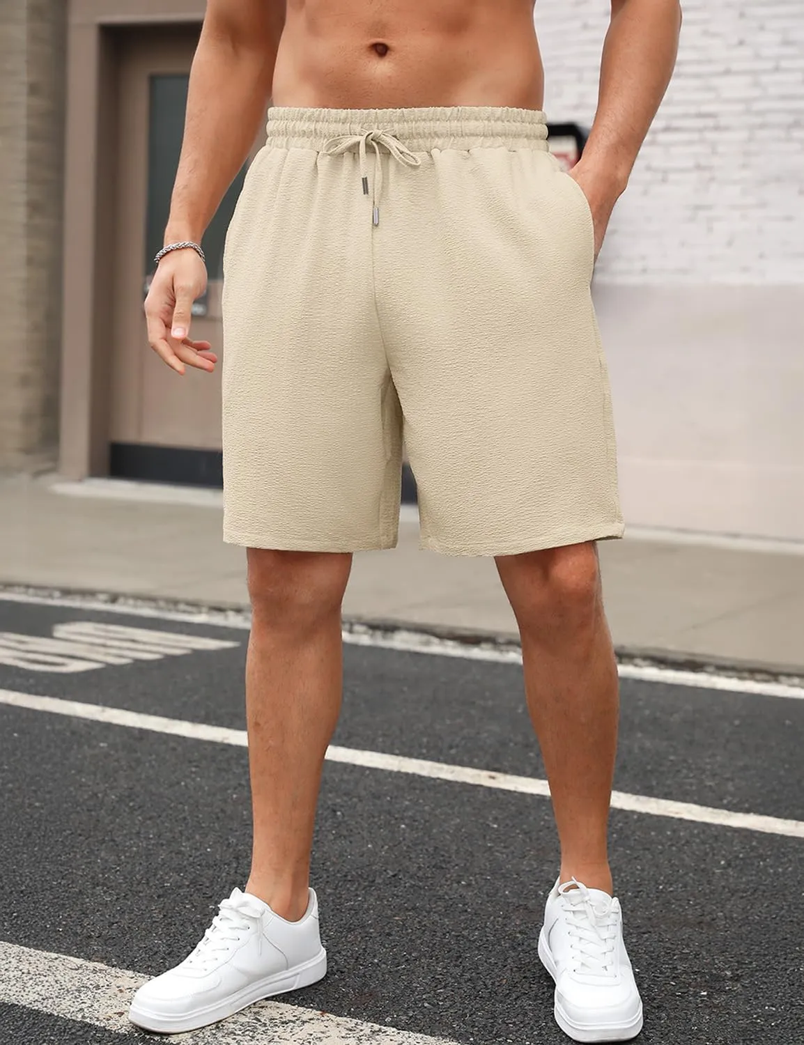 Men's Shorts Casual Summer Drawstring Elastic Waist Lightweight Textured Beach Vacation Shorts with Pockets