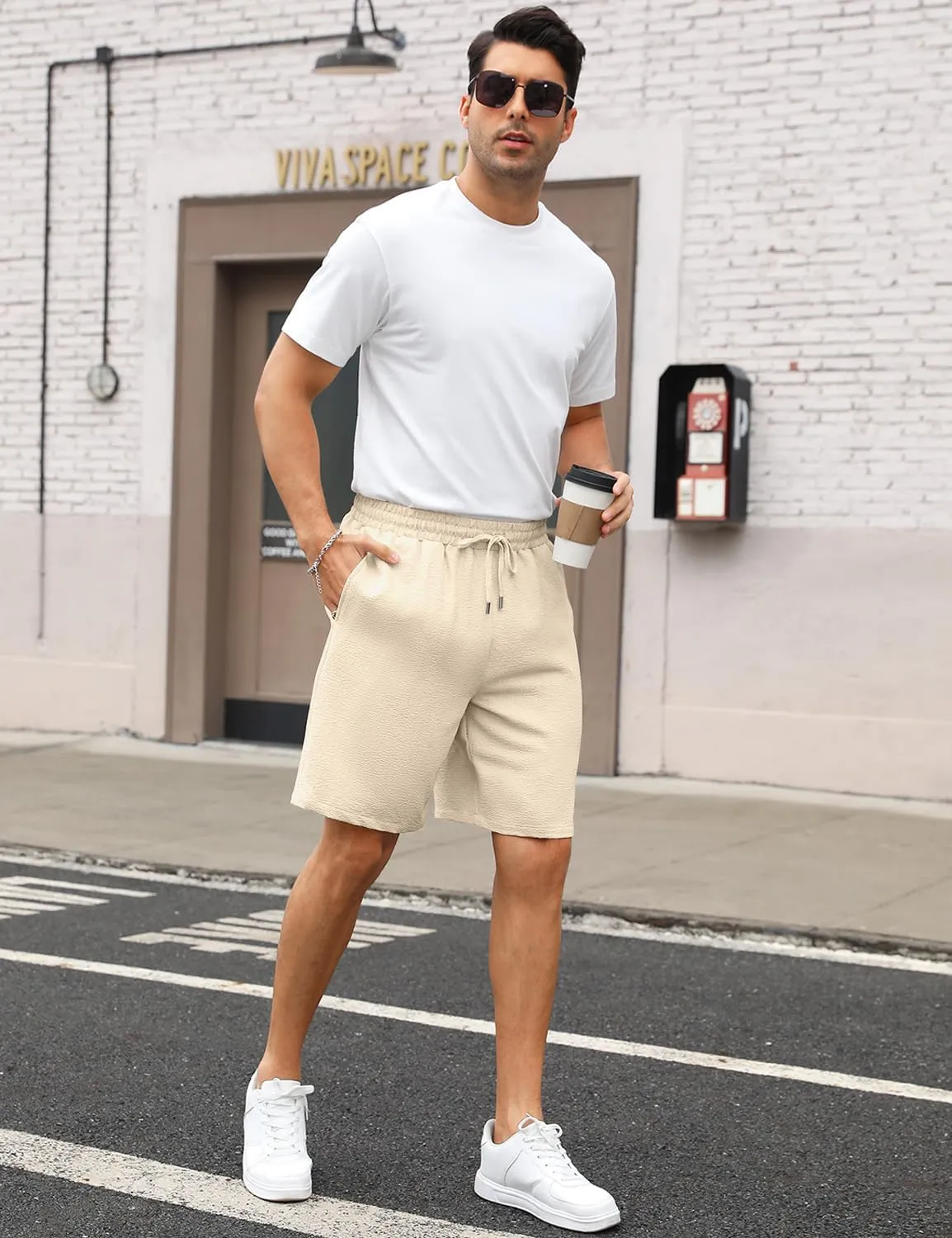 Men's Shorts Casual Summer Drawstring Elastic Waist Lightweight Textured Beach Vacation Shorts with Pockets
