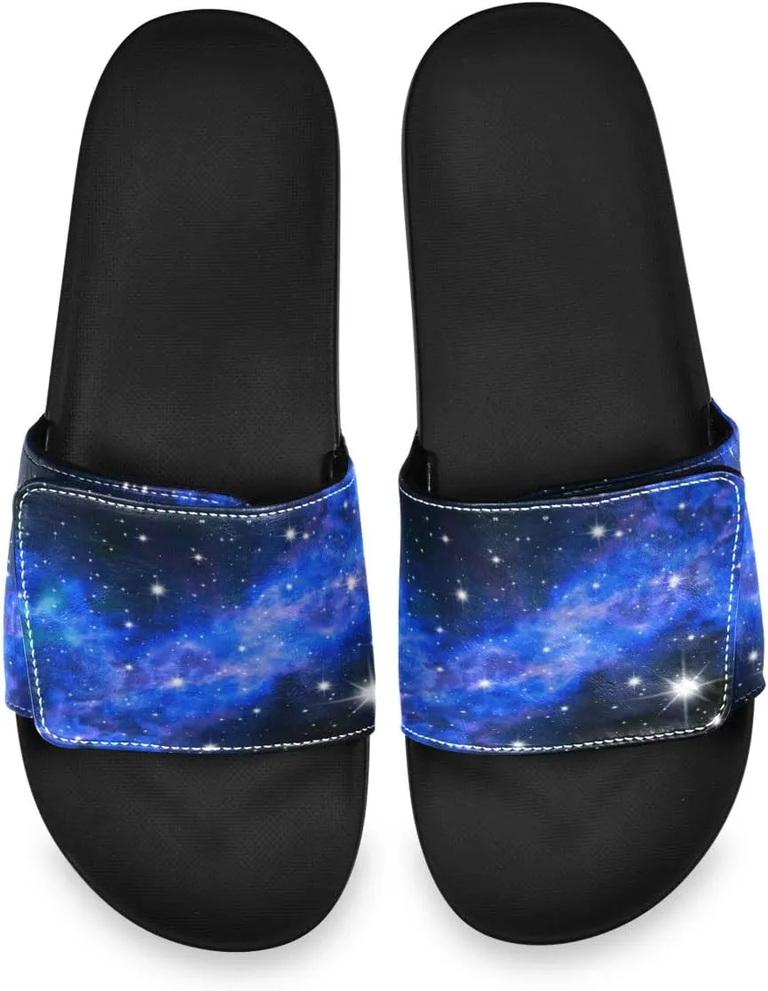 Men's Slide Sandals Adjustable Slip on Slippers, Non-slip Leather Galaxy Sandal for Shower, Beach, Pool, Gym, Camping, Indoor and Outdoors
