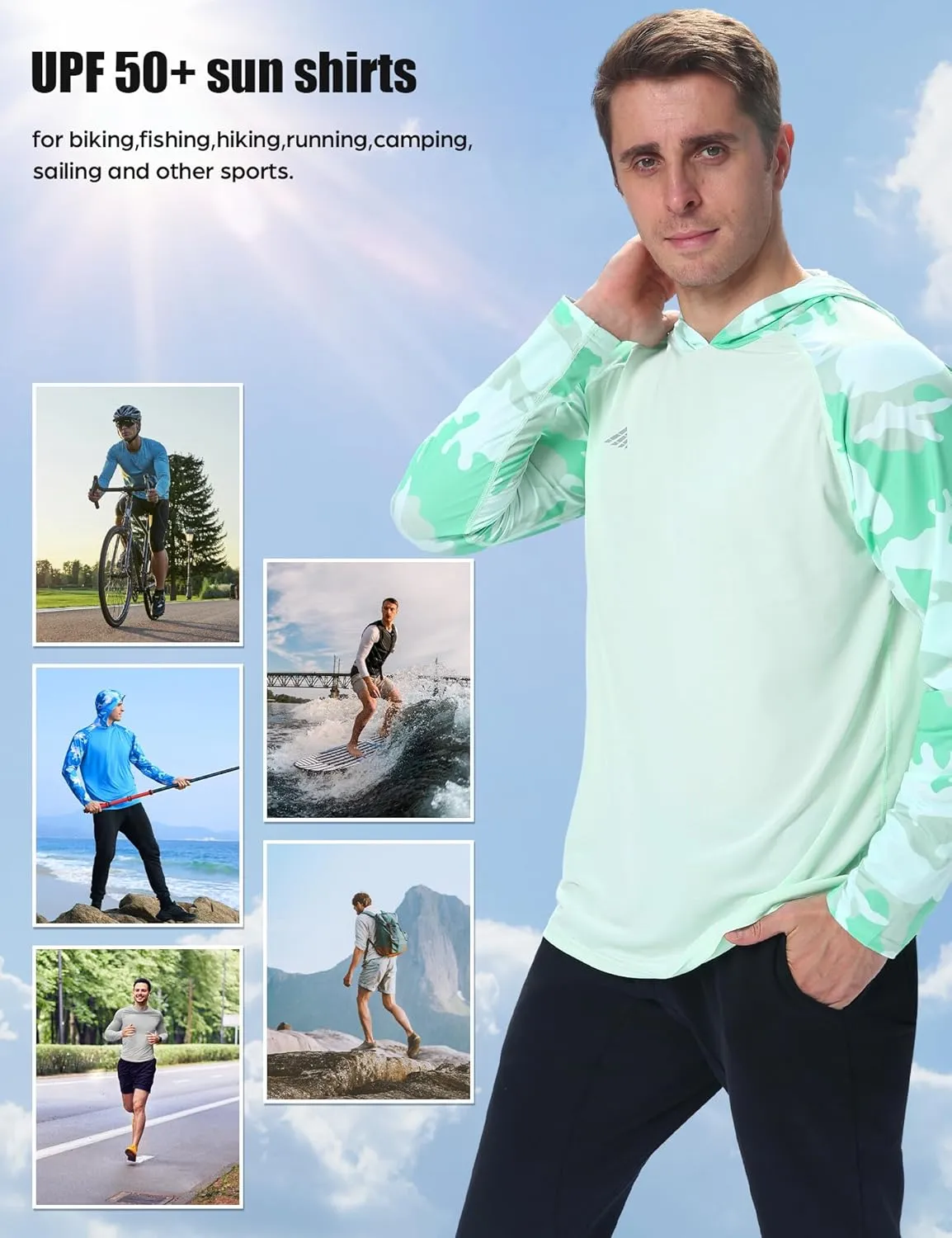 Men's Sun Protection Hoodie Shirts UPF 50  Long Sleeve SPF UV Rash Guard Fishing Hiking Lightweight