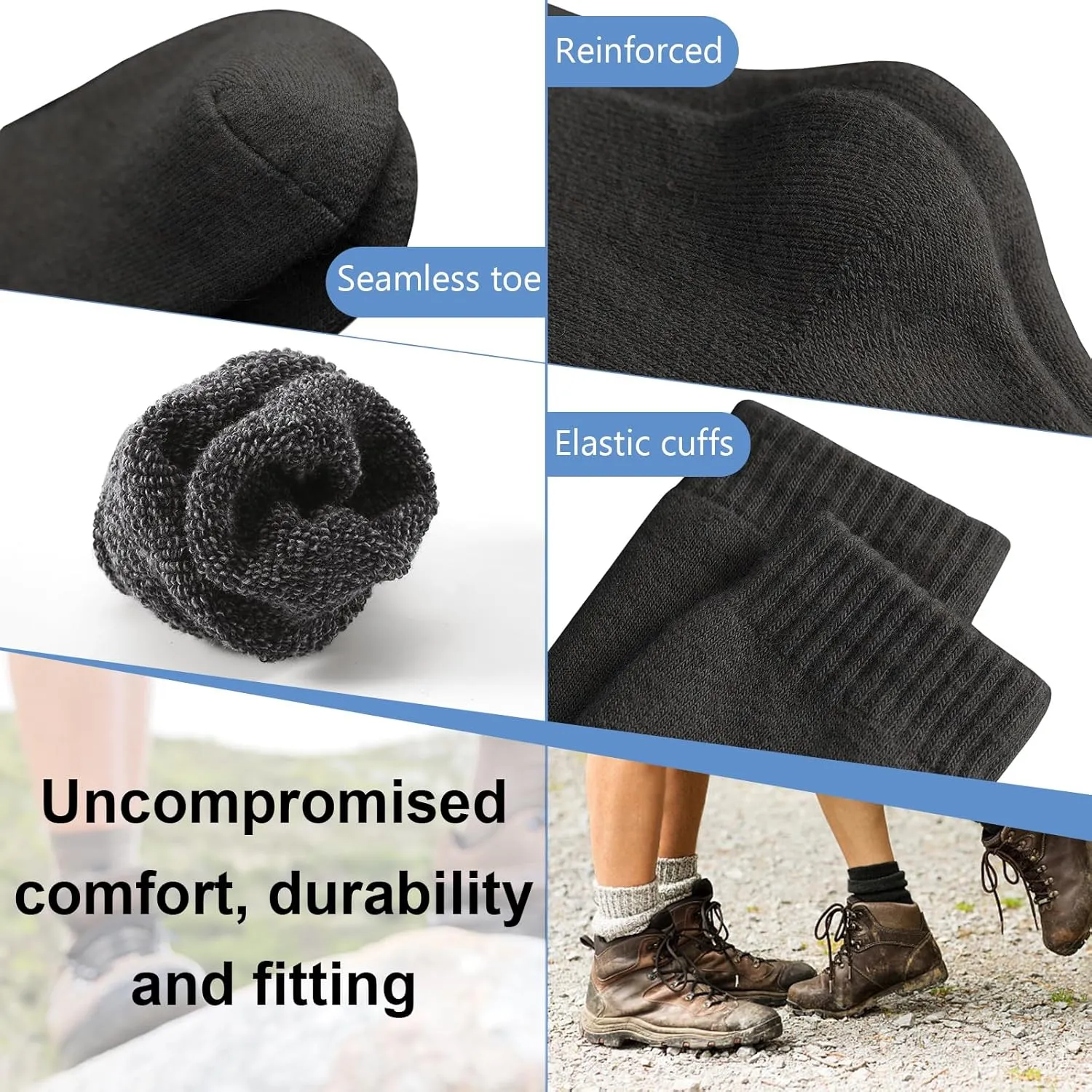 Merino Wool Crew Socks for Men, Thick Thermal Hiking Socks Warm Cozy Boot Socks for Cold Weather 6 Pairs
