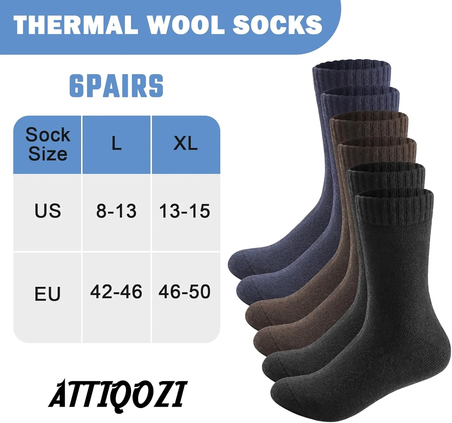 Merino Wool Crew Socks for Men, Thick Thermal Hiking Socks Warm Cozy Boot Socks for Cold Weather 6 Pairs