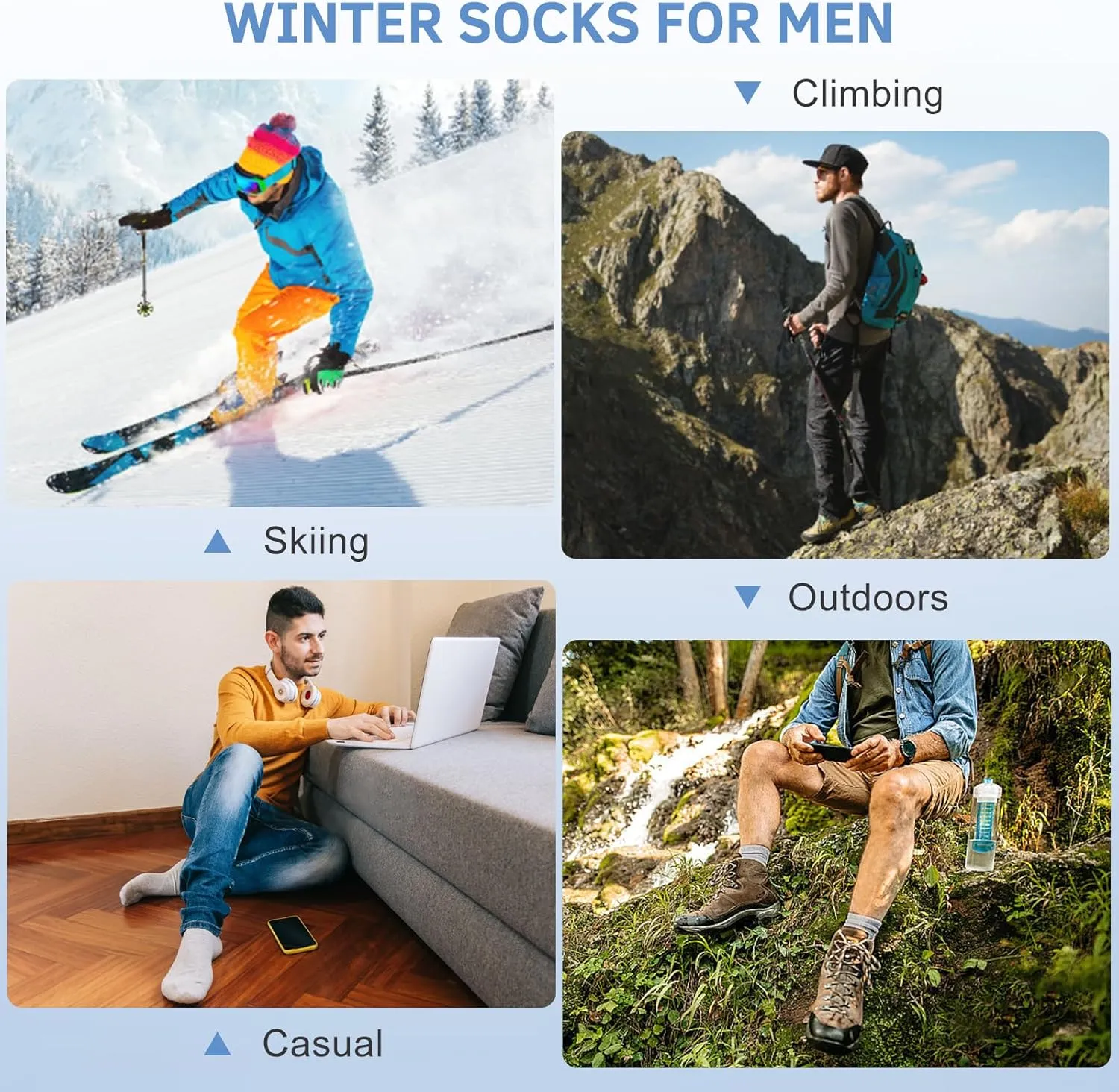 Merino Wool Crew Socks for Men, Thick Thermal Hiking Socks Warm Cozy Boot Socks for Cold Weather 6 Pairs