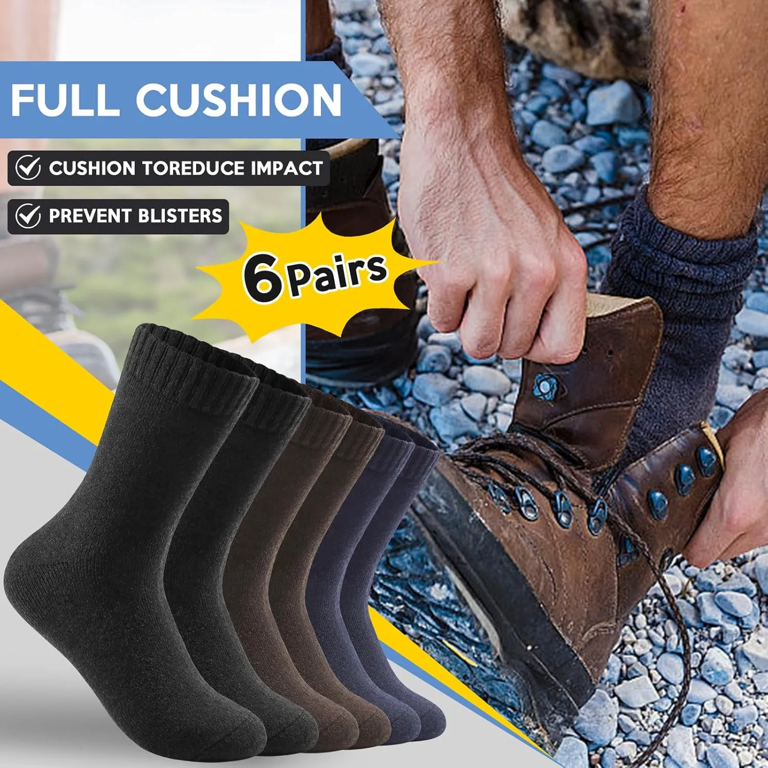 Merino Wool Crew Socks for Men, Thick Thermal Hiking Socks Warm Cozy Boot Socks for Cold Weather 6 Pairs