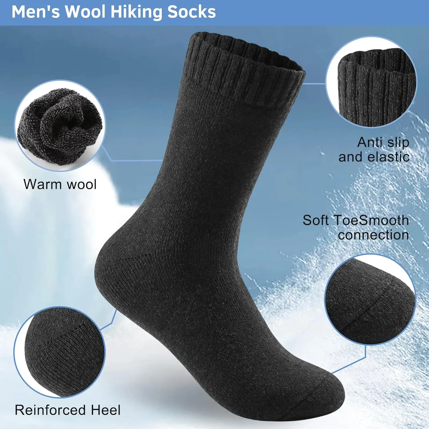 Merino Wool Crew Socks for Men, Thick Thermal Hiking Socks Warm Cozy Boot Socks for Cold Weather 6 Pairs